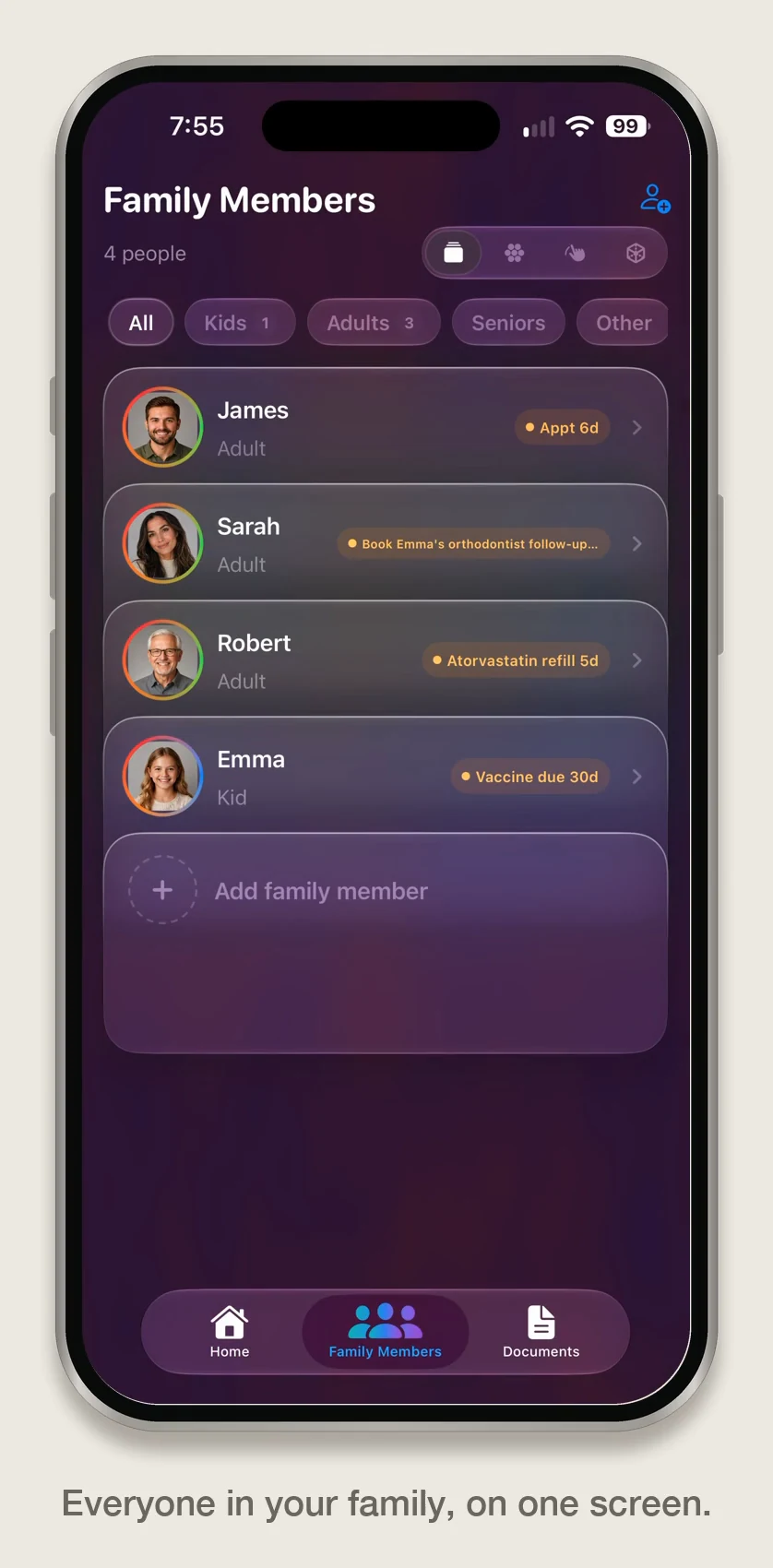 KinLine Family Members screen inside an iPhone