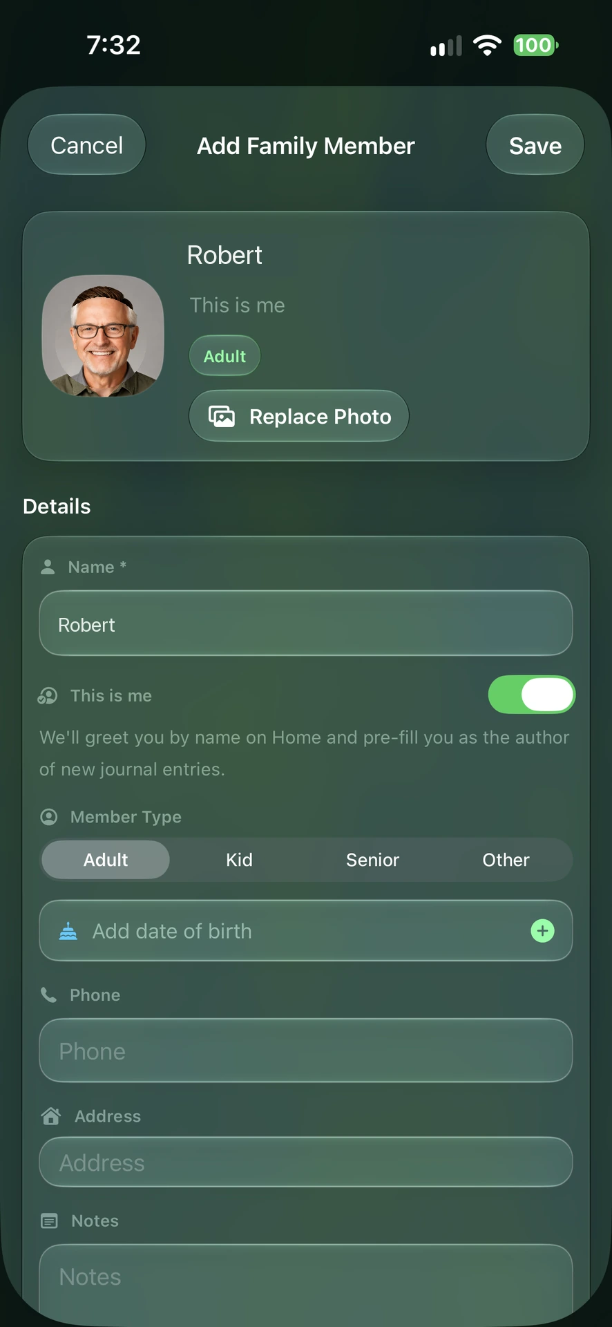 KinLine Add Family Member screen with a name being entered