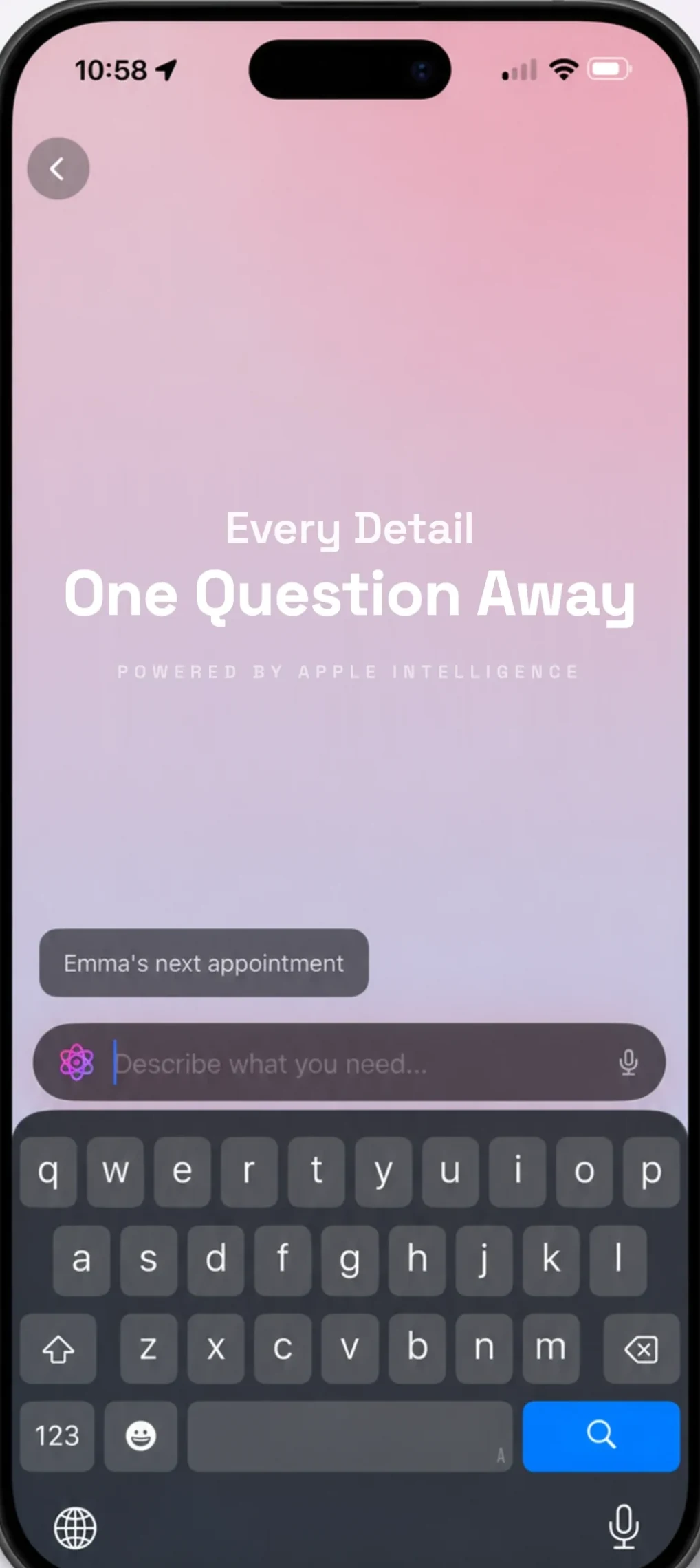 KinLine search screen with a question being typed