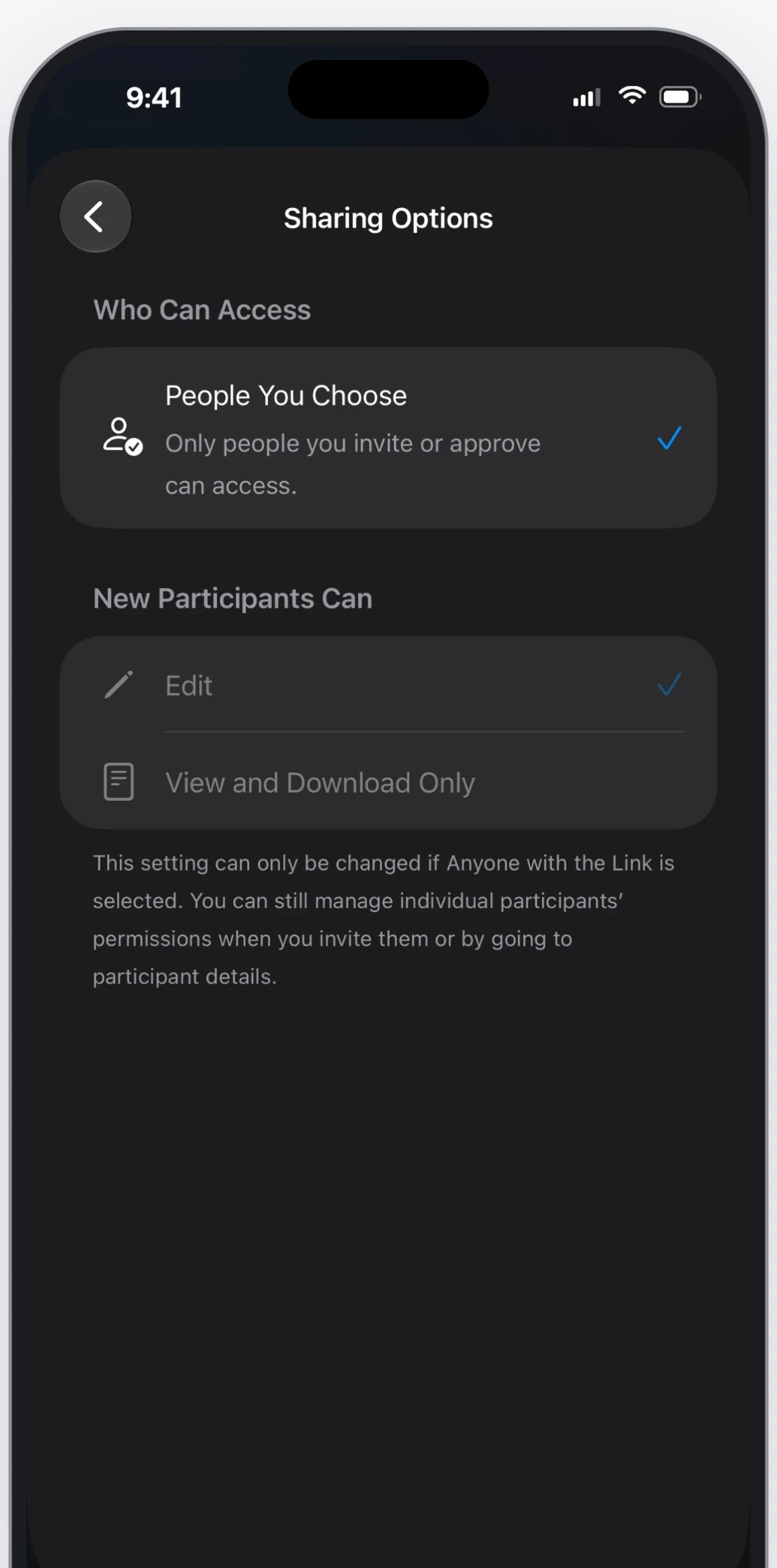 KinLine iCloud sharing screen showing who can edit